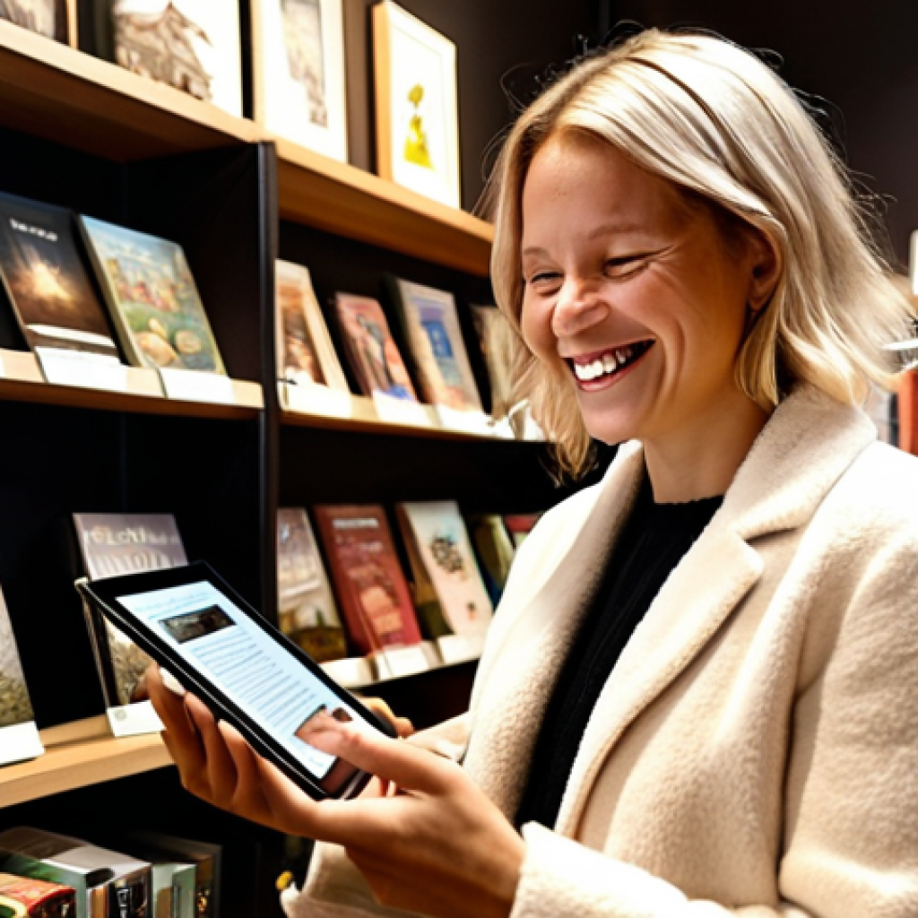 **Prompt:** A customer smiles warmly while looking at personalized book recommendations on a tablet in a cozy Swedish bookstore. Shelves filled with books in the background. The scene highlights personalization through AI-powered suggestions. Focus on warmth and connection.