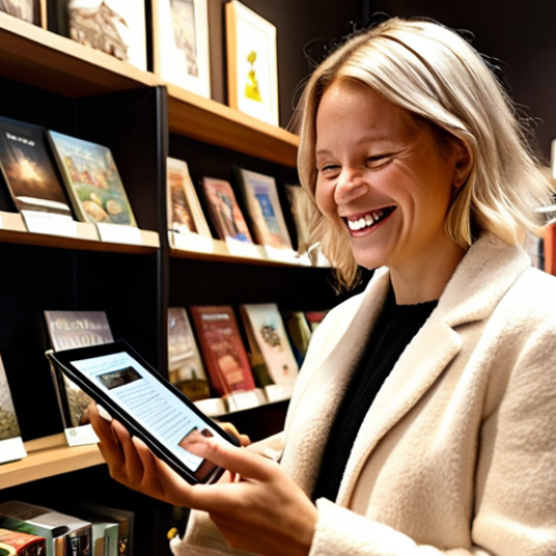 Home 4 **Prompt:** A customer smiles warmly while looking at personalized book recommendations on a tablet in a cozy Swedish bookstore. Shelves filled with books in the background. The scene highlights personalization through AI-powered suggestions. Focus on warmth and connection.