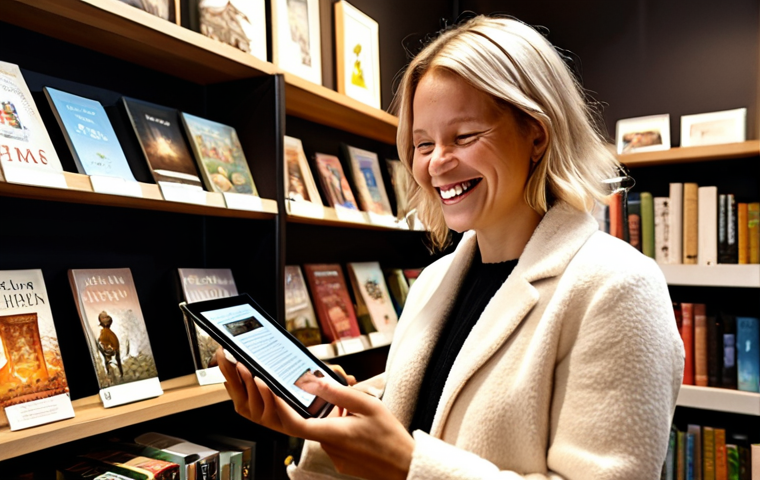 **Prompt:** A customer smiles warmly while looking at personalized book recommendations on a tablet in a cozy Swedish bookstore. Shelves filled with books in the background. The scene highlights personalization through AI-powered suggestions. Focus on warmth and connection.